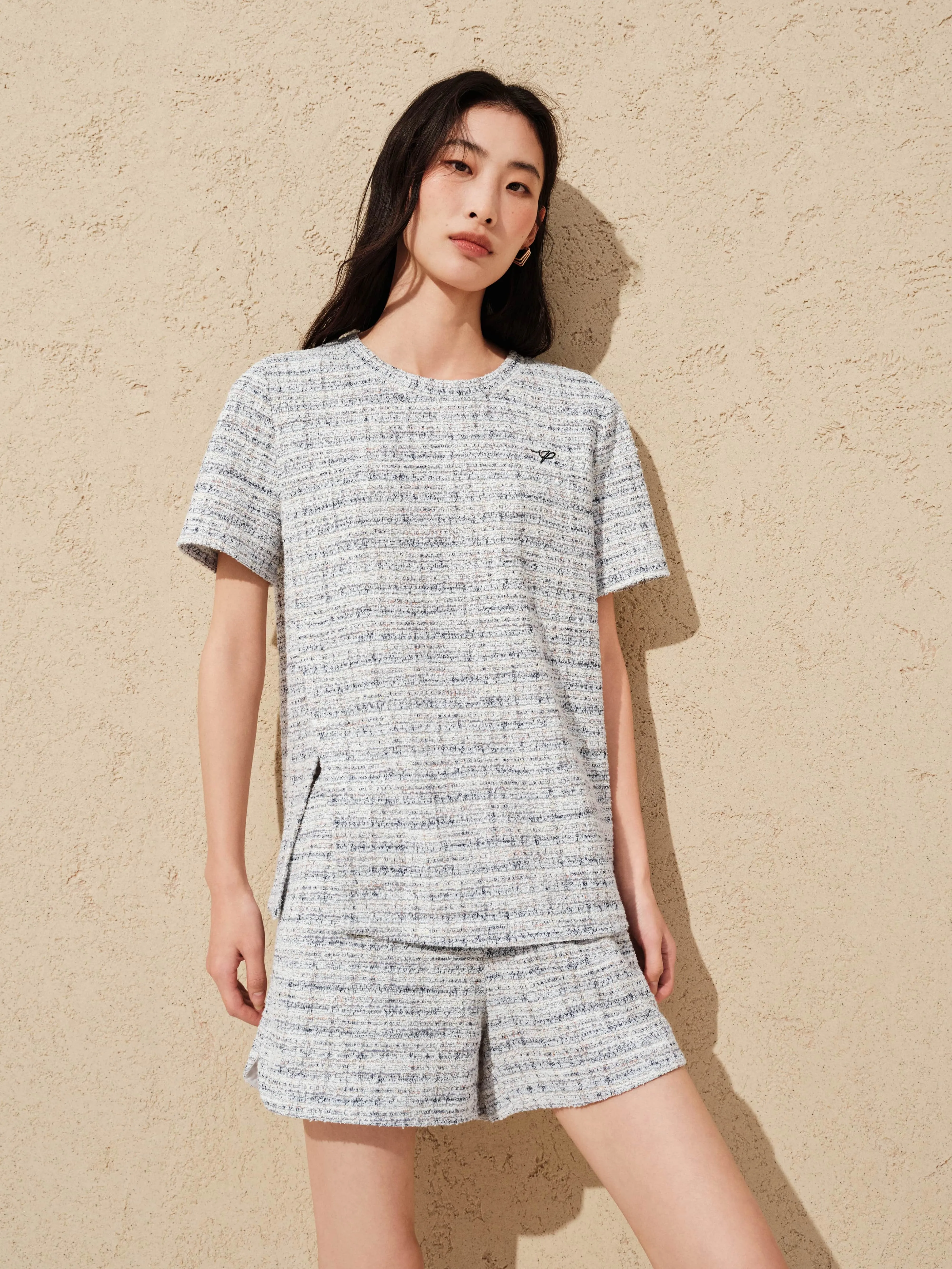 Women's Tweed-Texture T-Shirt with Side Slit sold by PEACEBIRD product image thumbnail 2