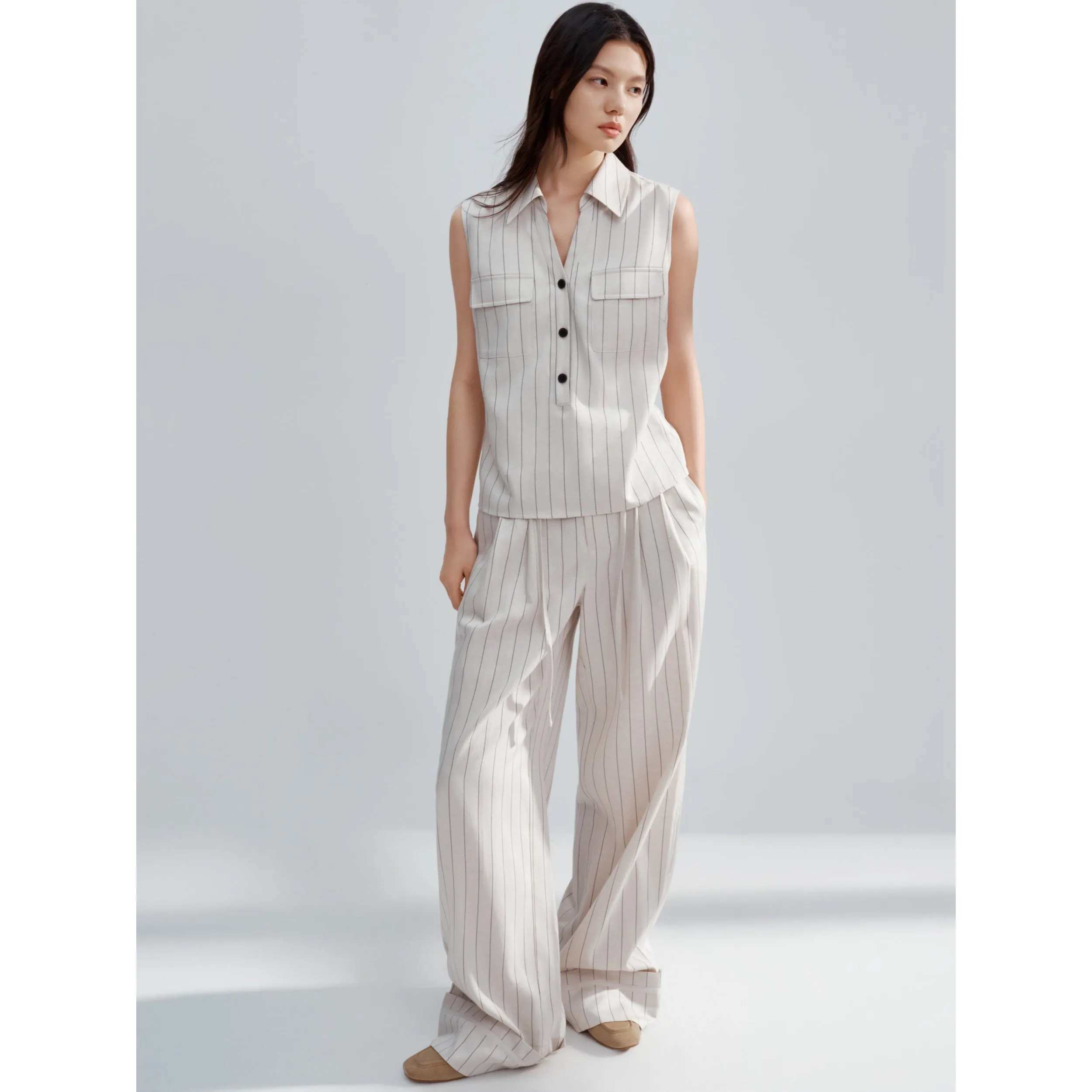 Women's Minimalist Vertical Stripe V-neck Top sold by PEACEBIRD product image thumbnail 2