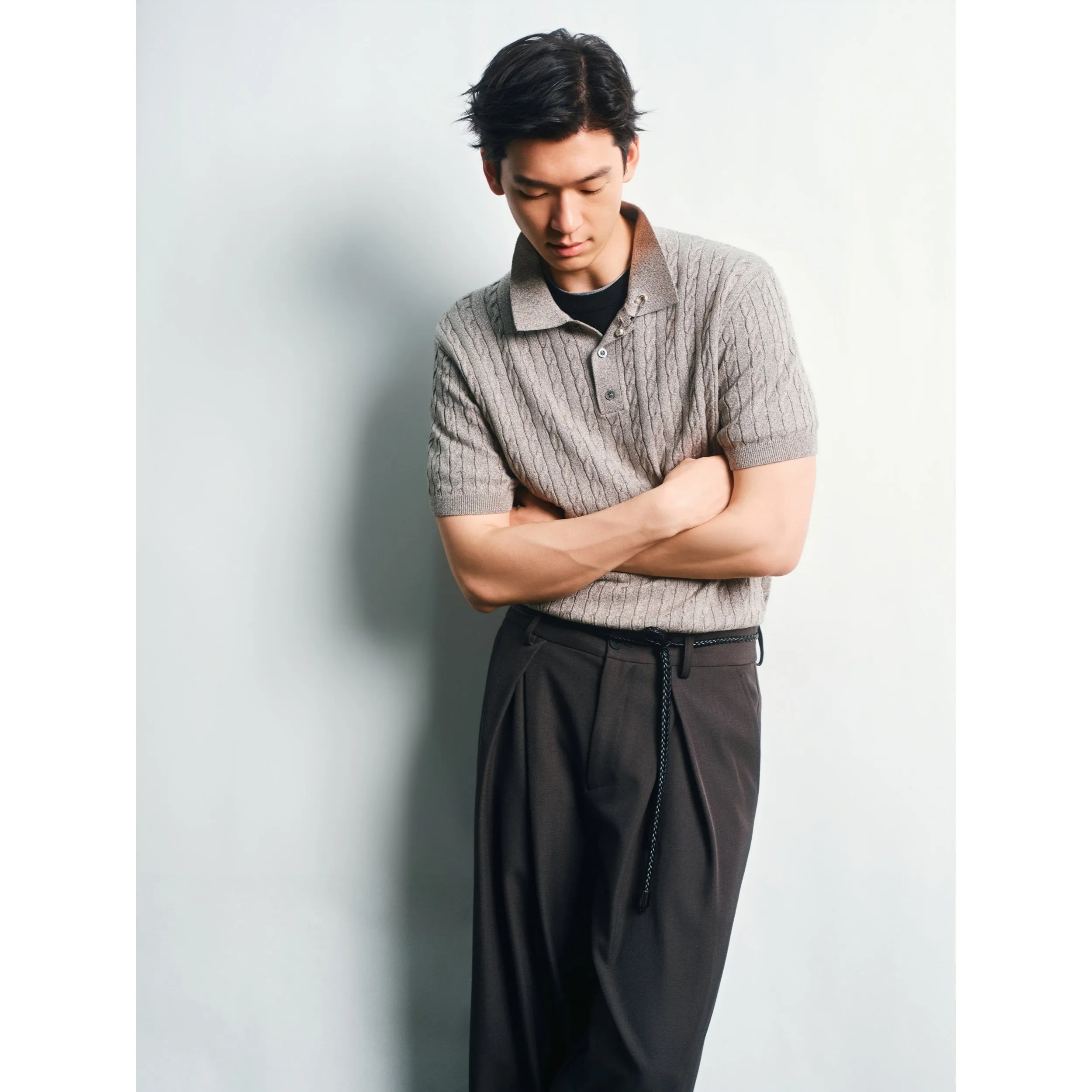 Men's Old Money Style Cable-Knit Short-Sleeve Polo sold by PEACEBIRD product image thumbnail 2