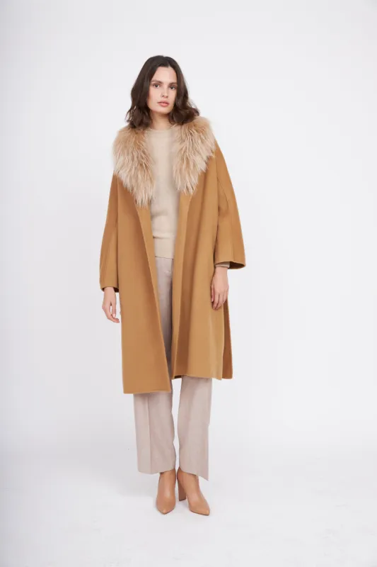 Fur Shawl Collar Cashmere Coat - Camel sold by Pissenlit