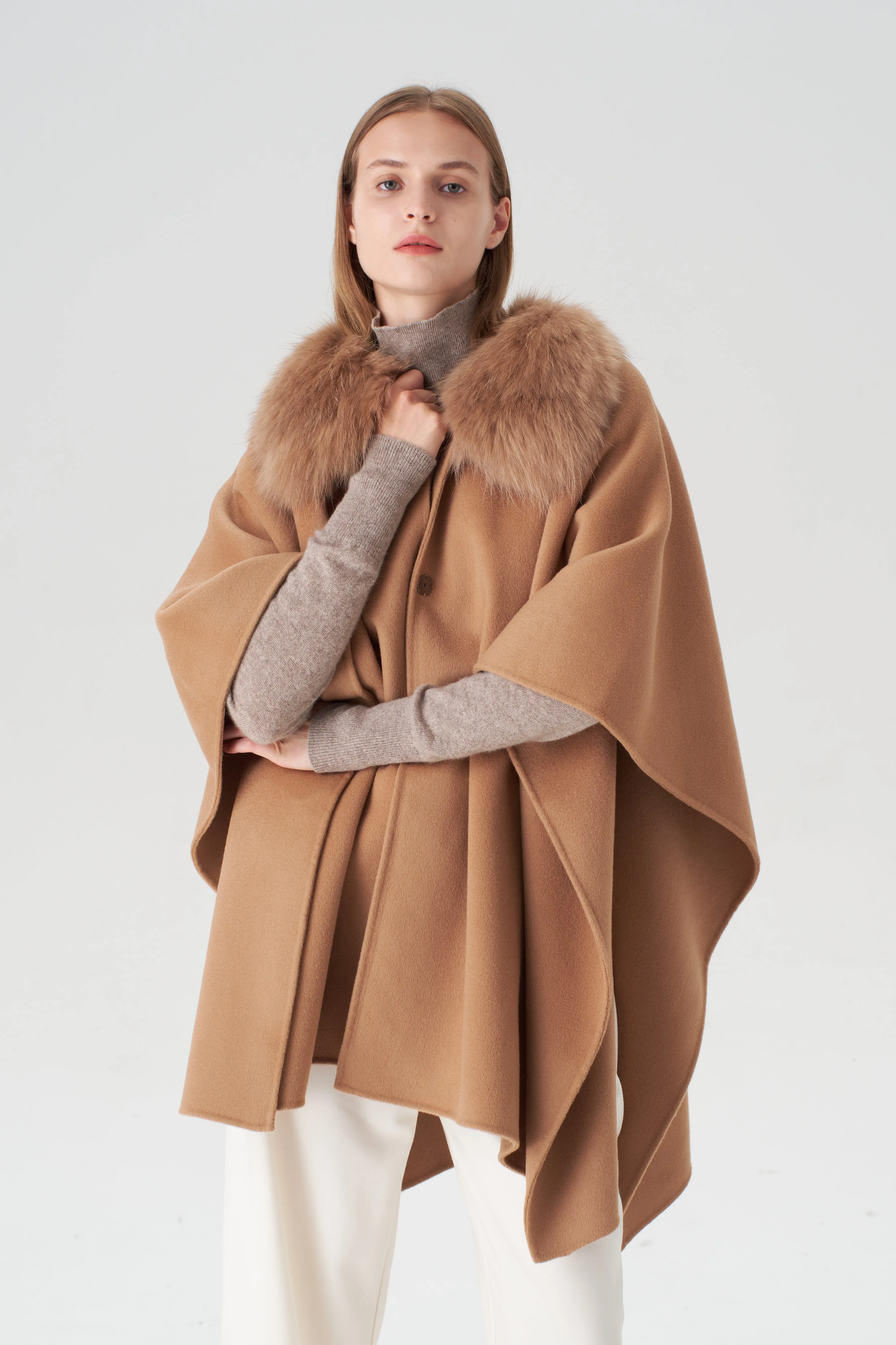 Cashmere Cape with Detachable Fur Collar - Camel sold by Pissenlit product image thumbnail 4
