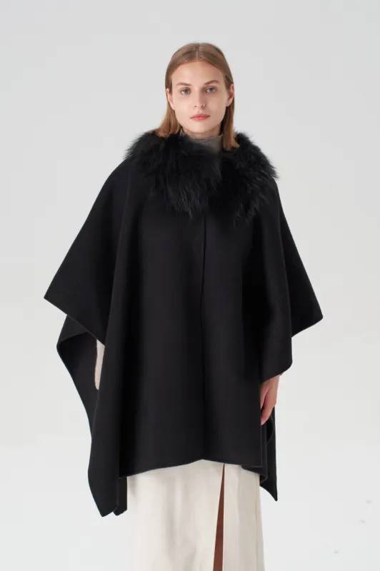 Cashmere Cape with Detachable Fur Collar - Black sold by Pissenlit