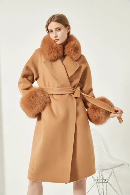 Cashmere Coat with Detachable Fur Collar and Cuffs - Camel sold by Pissenlit