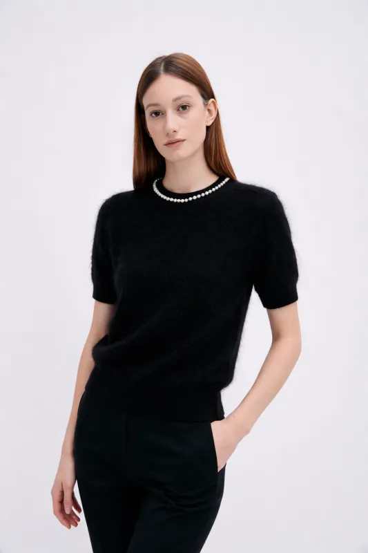 Brushed Cashmere Short-Sleeve Sweater with Pearls sold by Pissenlit