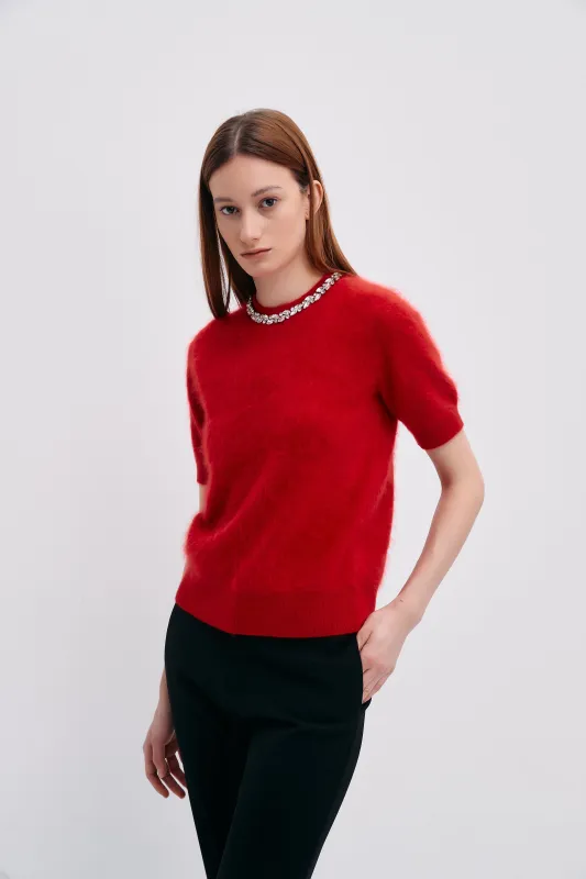 Brushed Cashmere Short-Sleeve Sweater with Rhinestone sold by Pissenlit