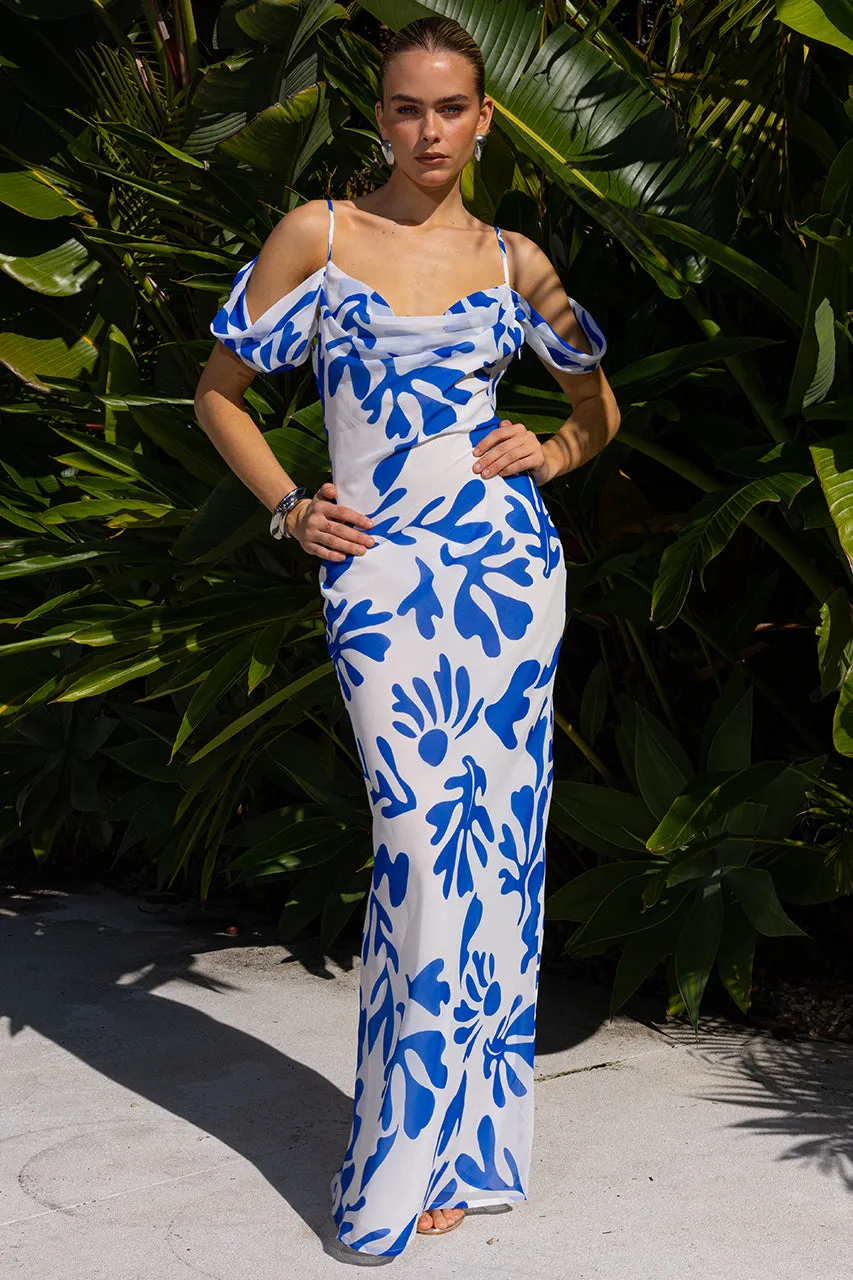 NUOVO MAXI DRESS - WHITE/BLUE BOTANICA sold by Runaway The Label