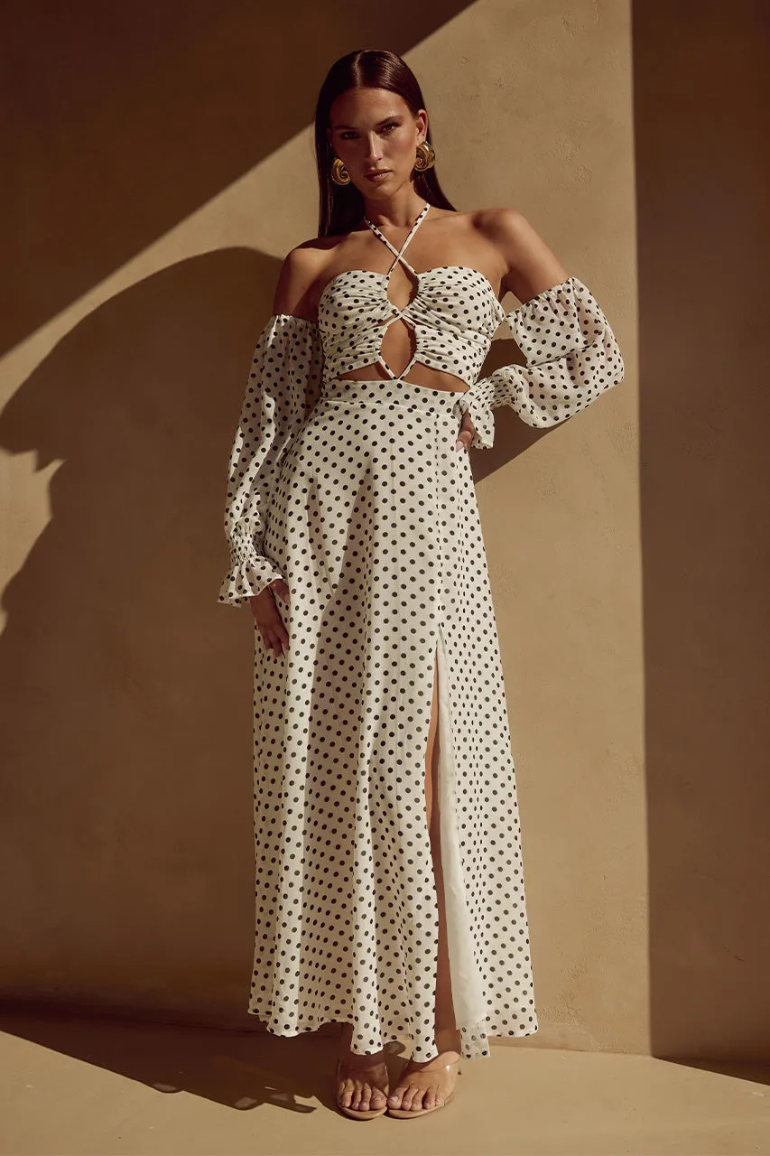 KARMA MAXI DRESS - WHITE POLKA sold by Runaway The Label