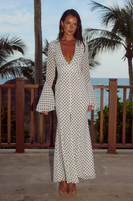 SARI MAXI DRESS - WHITE POLKA sold by Runaway The Label