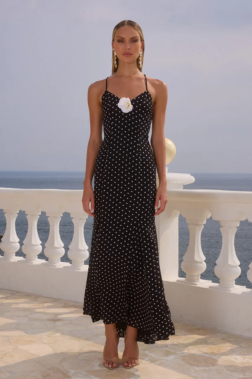 MALIKA MAXI DRESS - BLACK POLKA sold by Runaway The Label