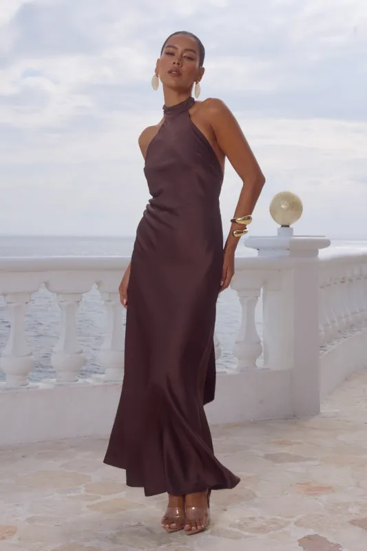 ARABELLE HIGH NECK MAXI DRESS - BITTER CHOCOLATE made by Runaway The Label
