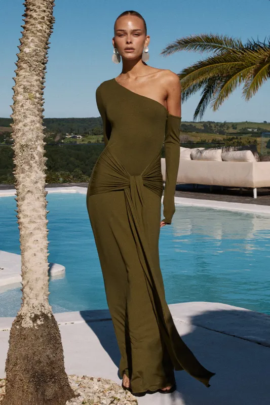 BIANCA ONE SHOULDER MAXI DRESS - ARMY GREEN made by Seven Wonders