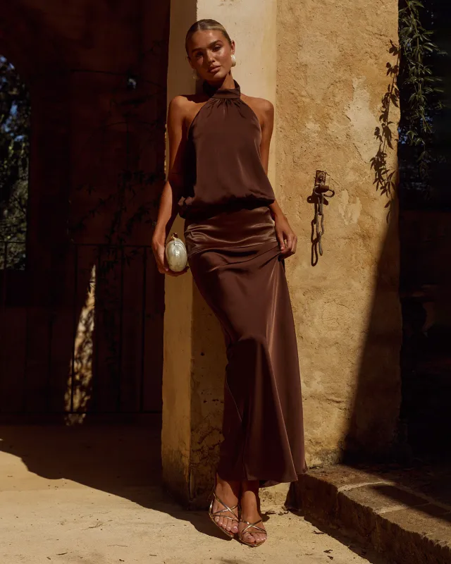 LILIETTE HALTER MAXI DRESS - CHOCOLATE made by Runaway The Label