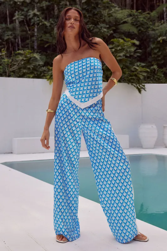 MILANI SATIN PANT - BLUE GEO sold by Runaway The Label