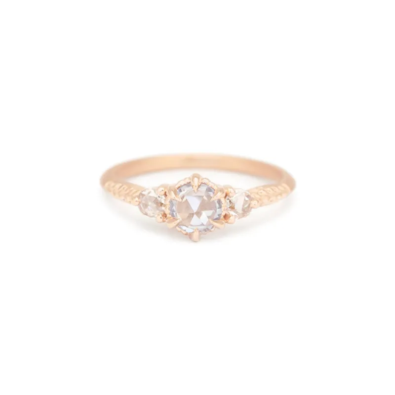 Evergreen 3-Stone Ring - Rose Gold Clear Blue Sapphire made by Meghan Thorne Jewlery