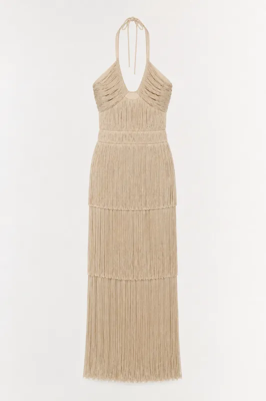 Baldwin Draped Fringe Gown made by Simkhai