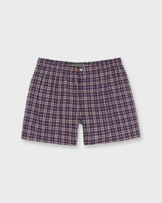 Button-Front Boxer Short in Burgundy/Blue/Bone Plaid Poplin sold by Mashburn