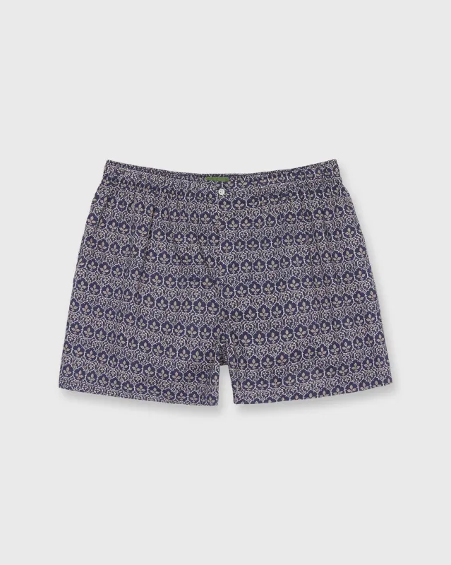 Button-Front Boxer Short in Navy/Tan Trellis Liberty Fabric sold by Mashburn