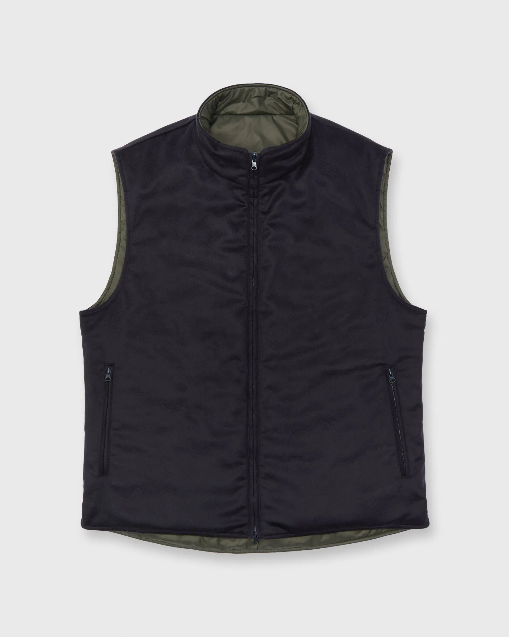 Reversible Cashpad Zip Vest in Olive Nylon/Navy Cashmere Flannel sold by Mashburn product image thumbnail 2