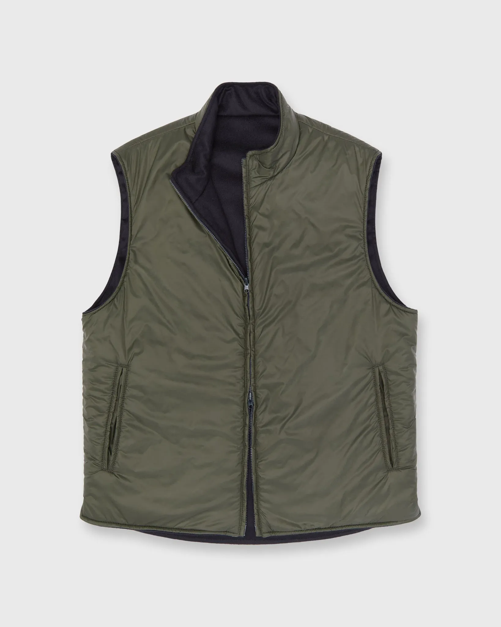 Reversible Cashpad Zip Vest in Olive Nylon/Navy Cashmere Flannel sold by Mashburn