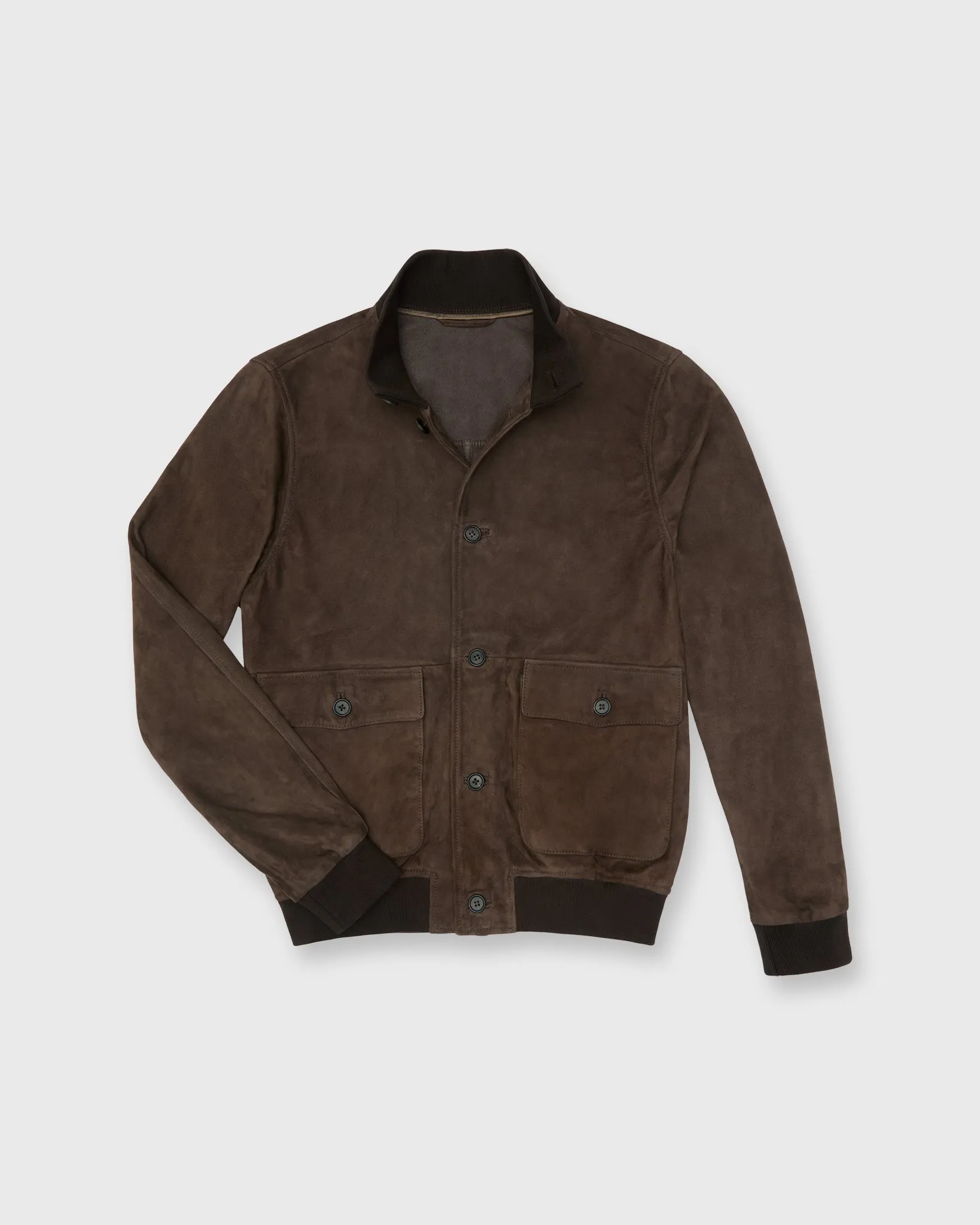 Button-Front Bomber Jacket in Brown Suede sold by Mashburn