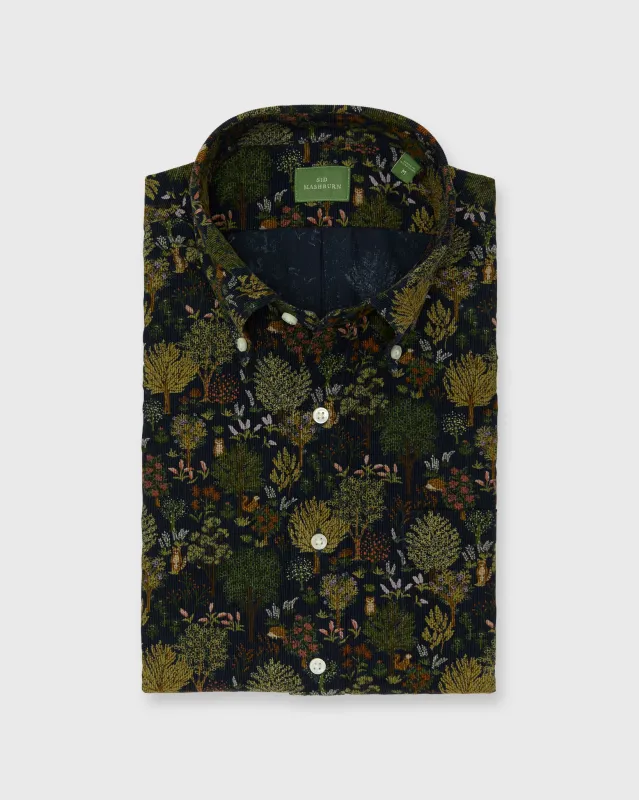 Button-Down Sport Shirt in Navy/Multi Woodland Print Lightweight Corduroy sold by Mashburn