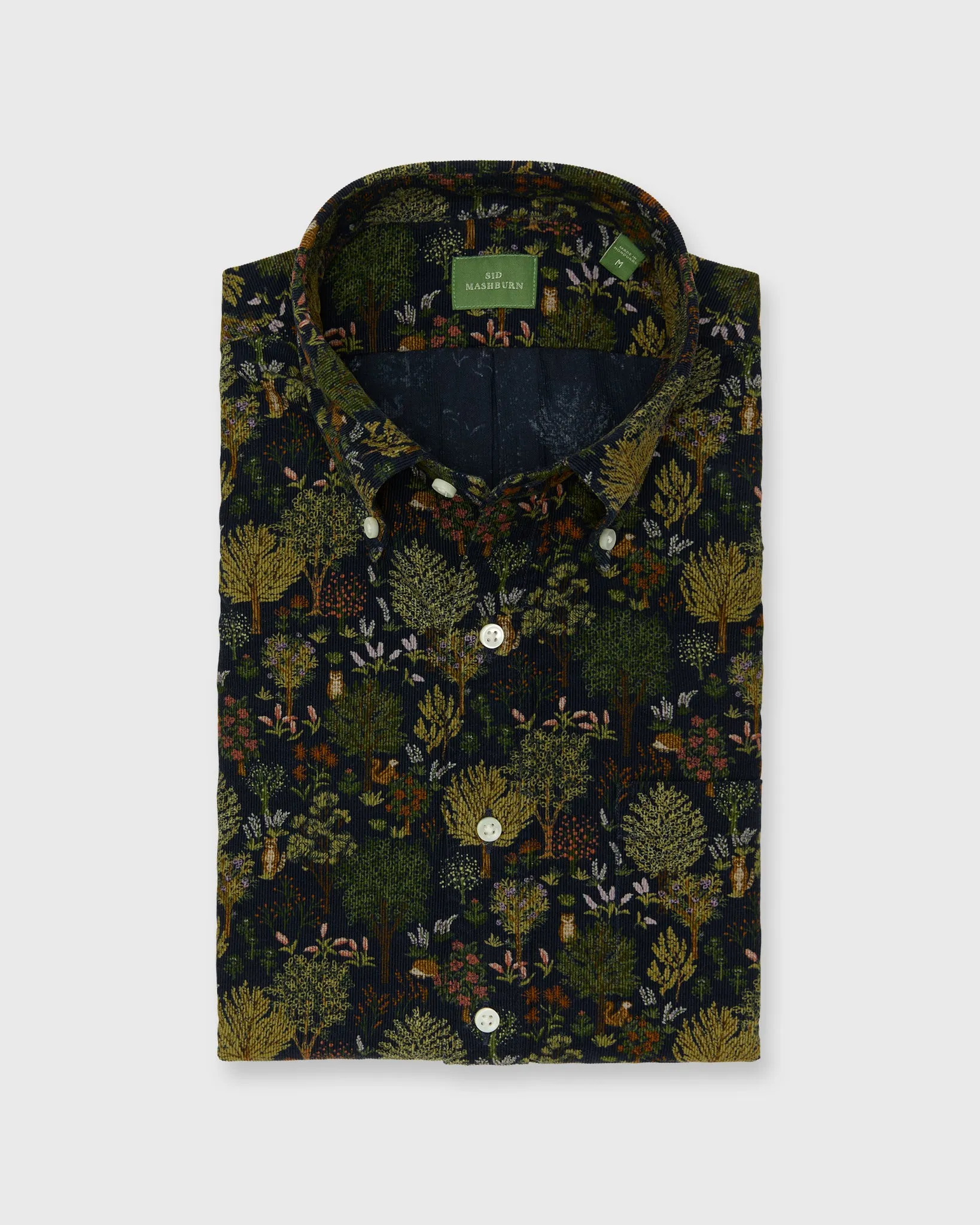 Button-Down Sport Shirt in Navy/Multi Woodland Print Lightweight Corduroy sold by Mashburn