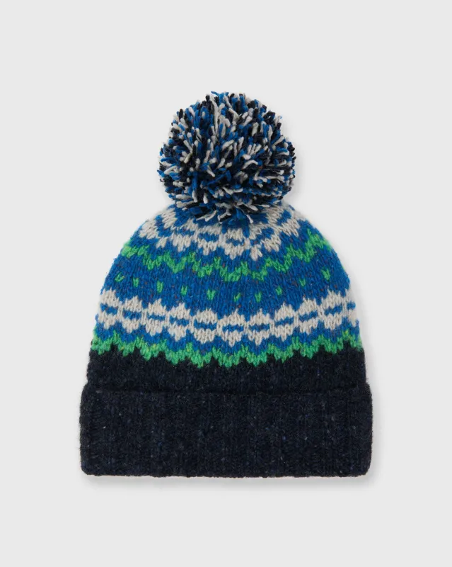Fair Isle Pom-Pom Beanie in Indigo Donegal Multi Cashmere sold by Mashburn