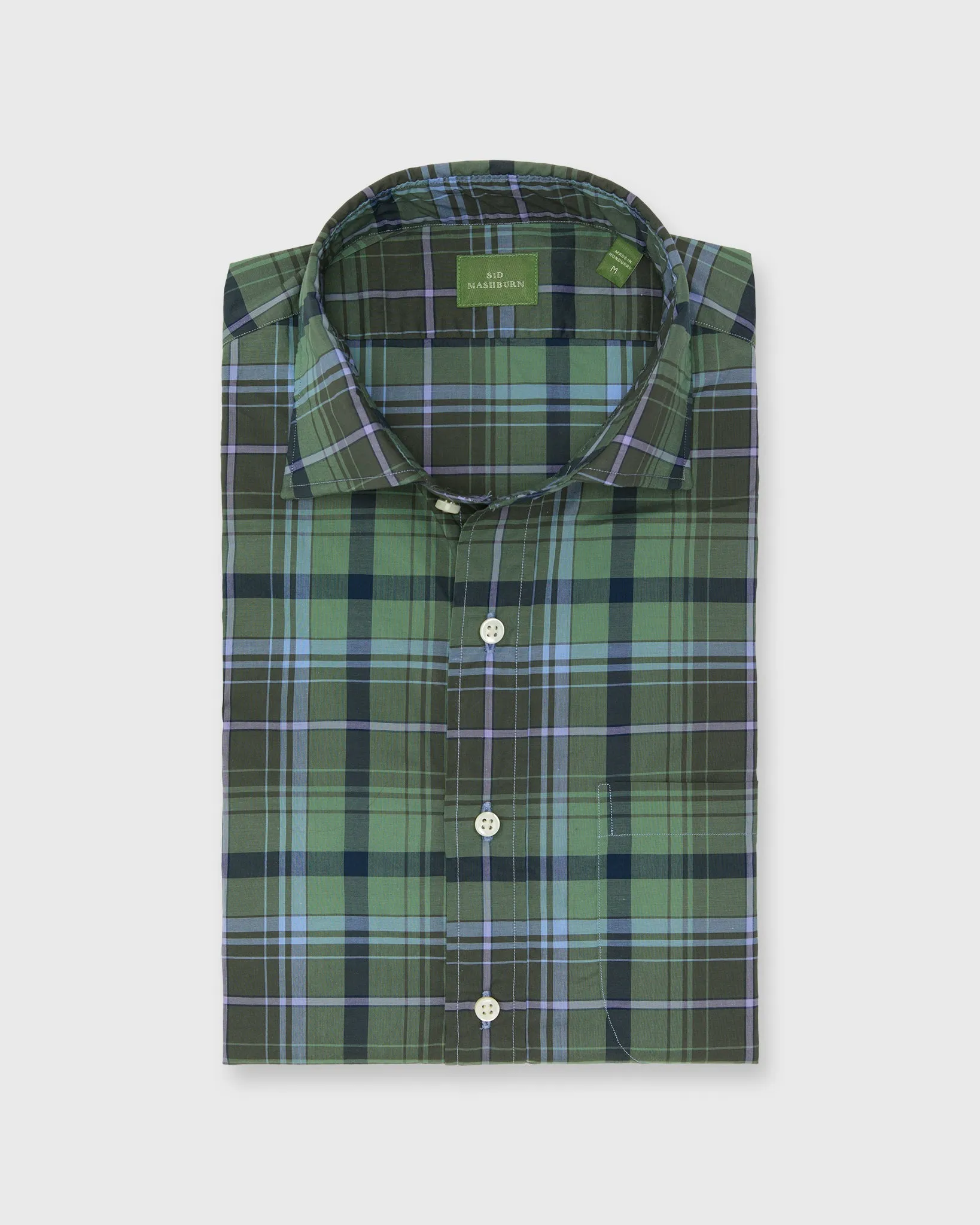 Spread Collar Sport Shirt in Olive/Navy/Lavender Plaid Poplin sold by Mashburn