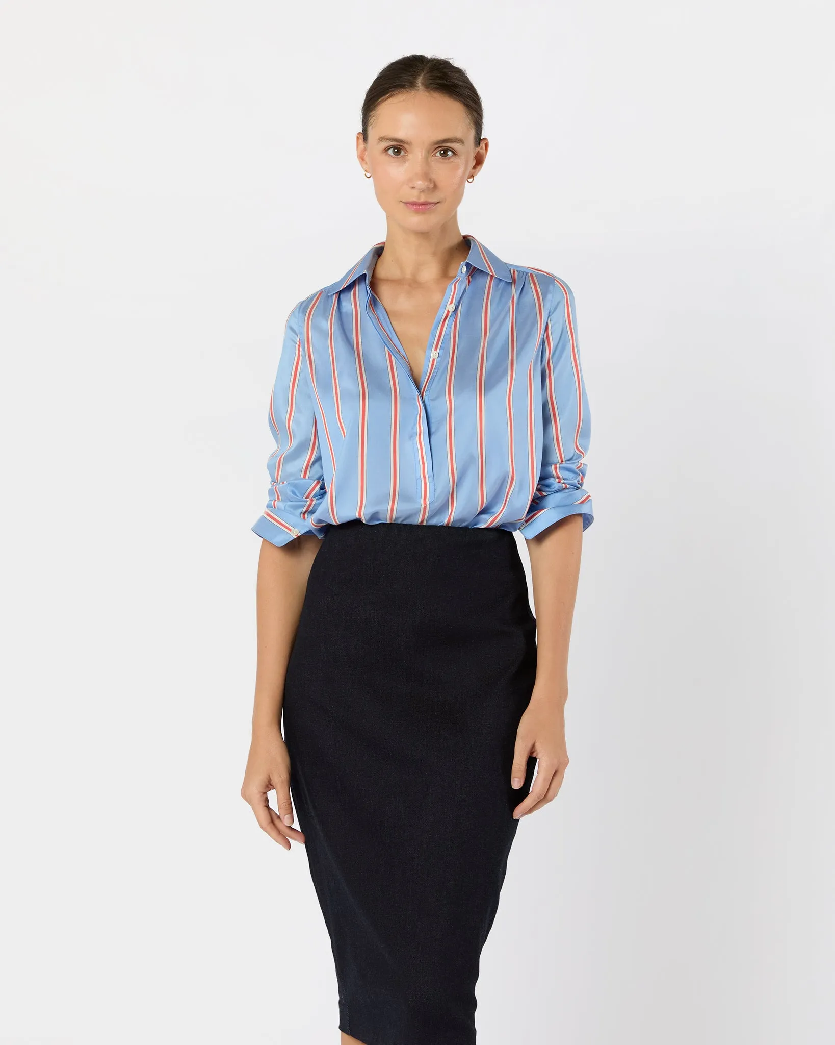 Natalia Blouse in Blue/Persimmon Bold Stripe Crepe de Chine sold by Mashburn product image thumbnail 4
