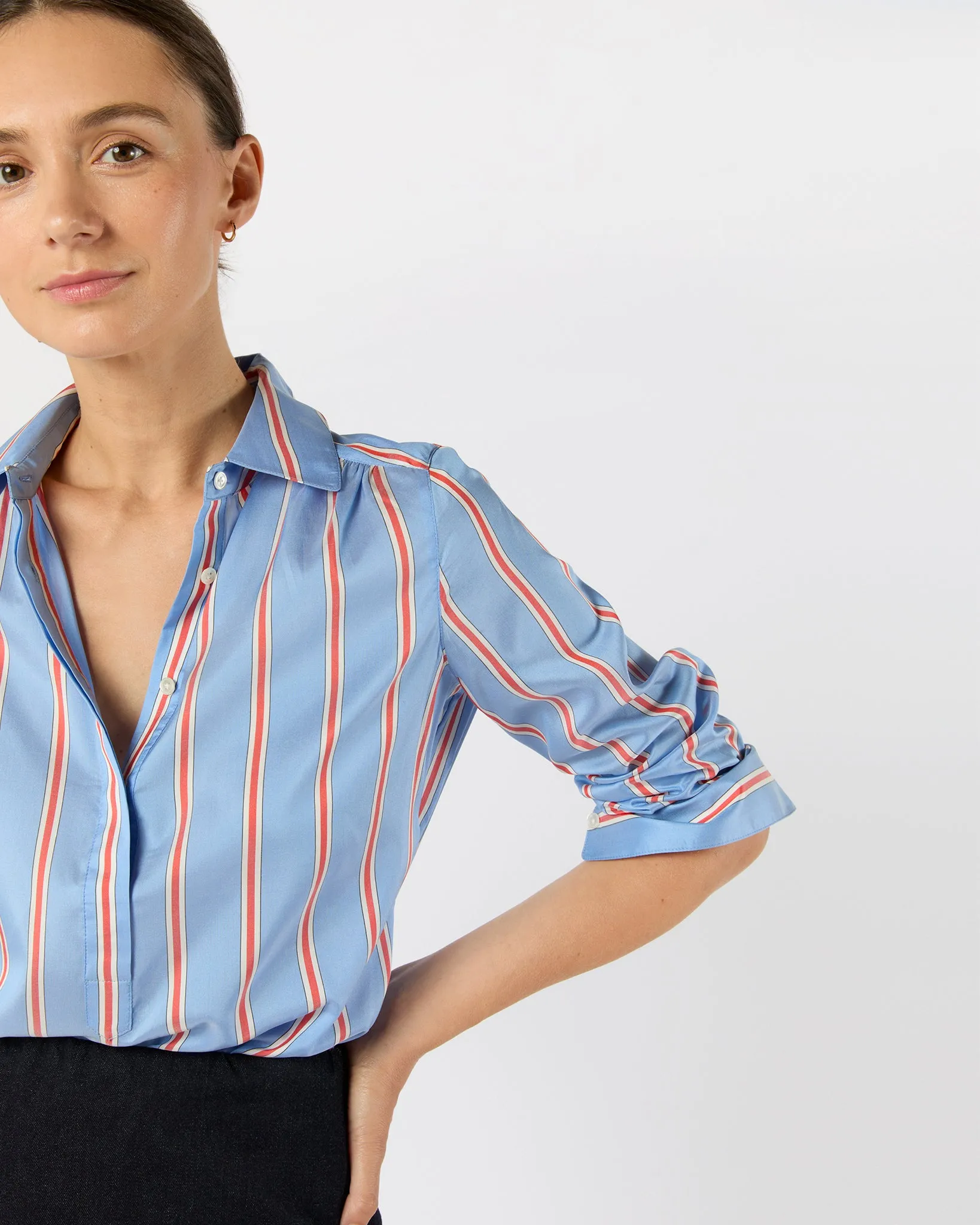Natalia Blouse in Blue/Persimmon Bold Stripe Crepe de Chine sold by Mashburn product image thumbnail 2