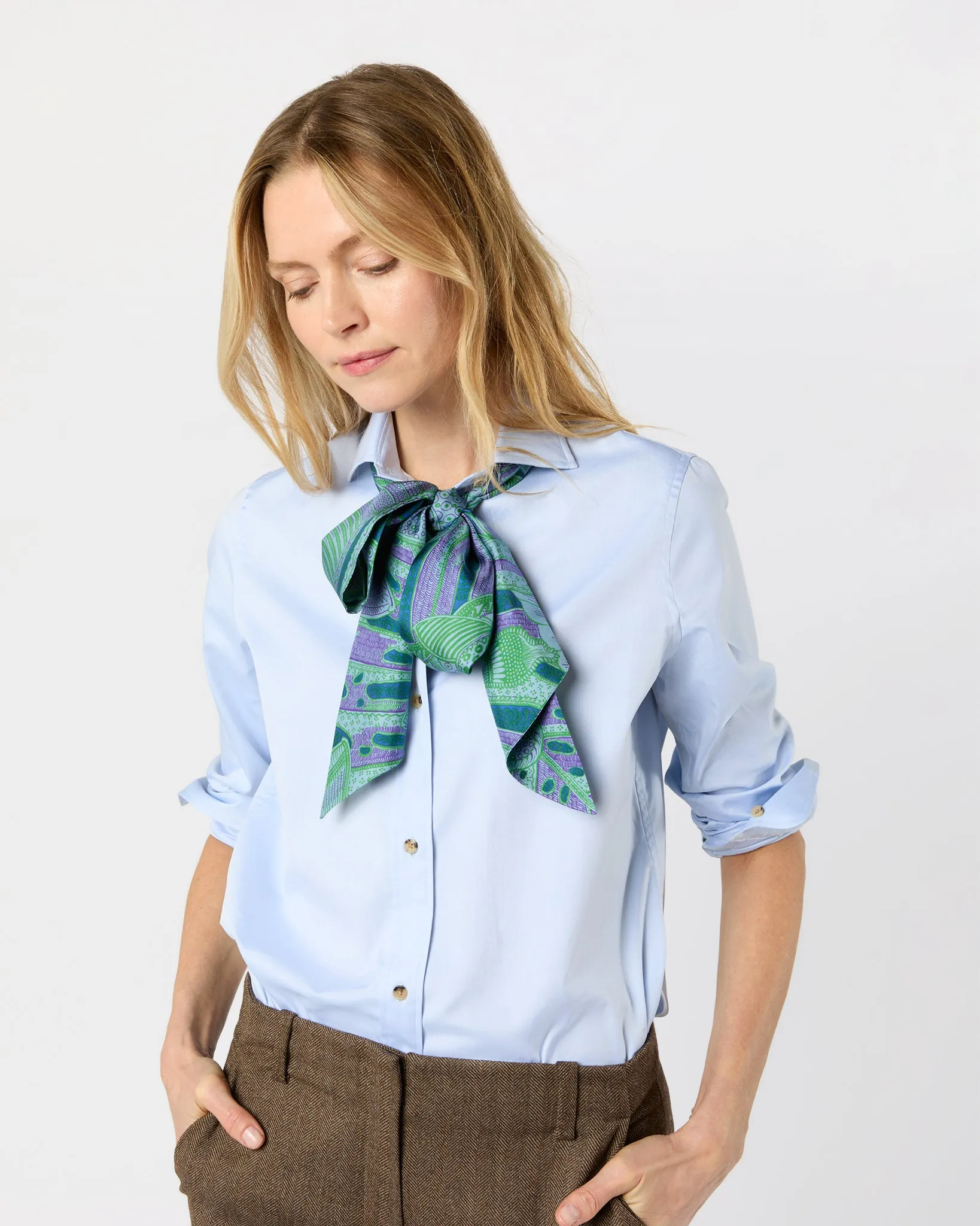 Silk Tied Up Scarf in Purple/Green Butterfly Block Print Silk Twill sold by Mashburn product image thumbnail 4