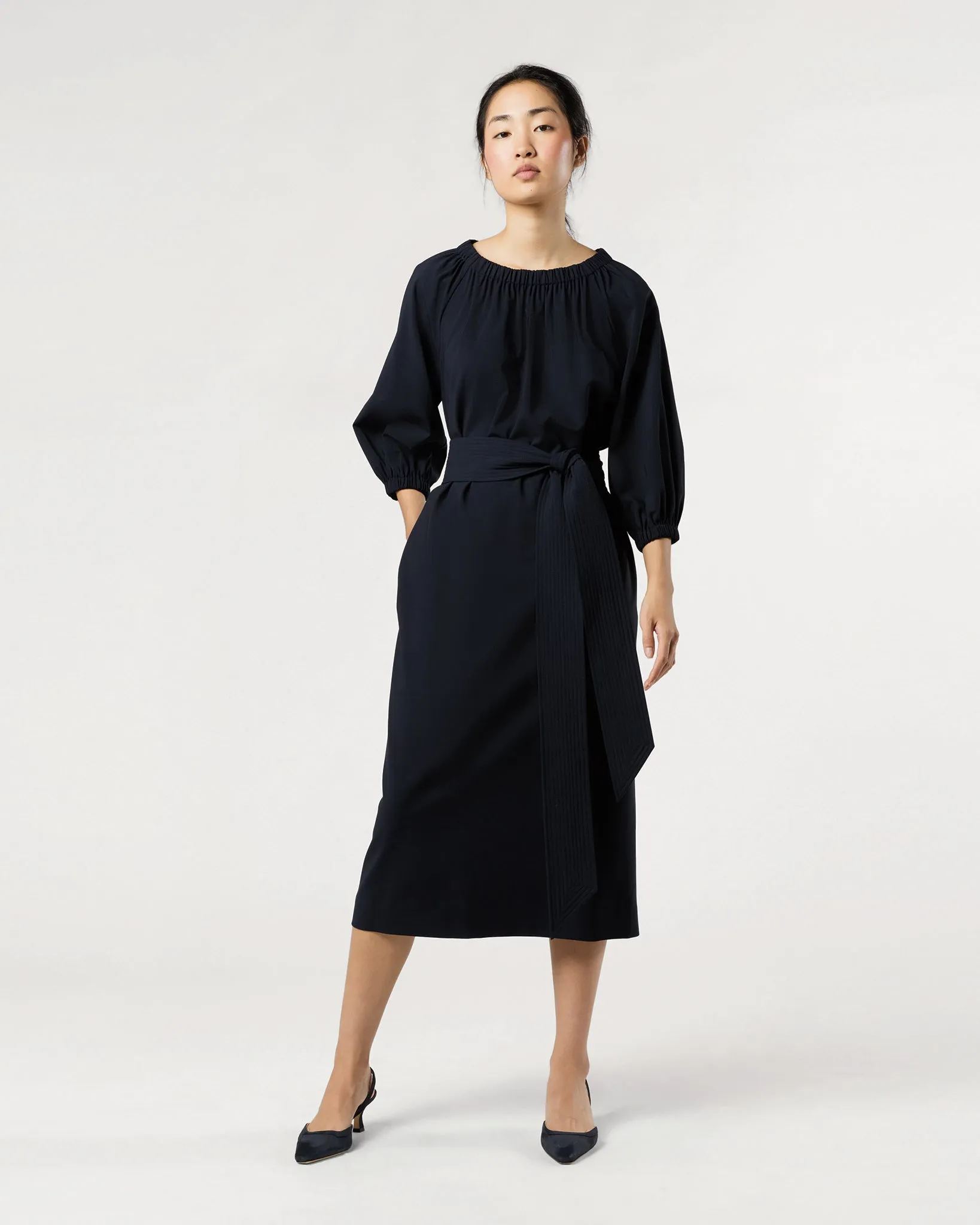 Arabella Blouson Dress in Navy Bi-Stretch Tropical Wool sold by Mashburn product image thumbnail 5