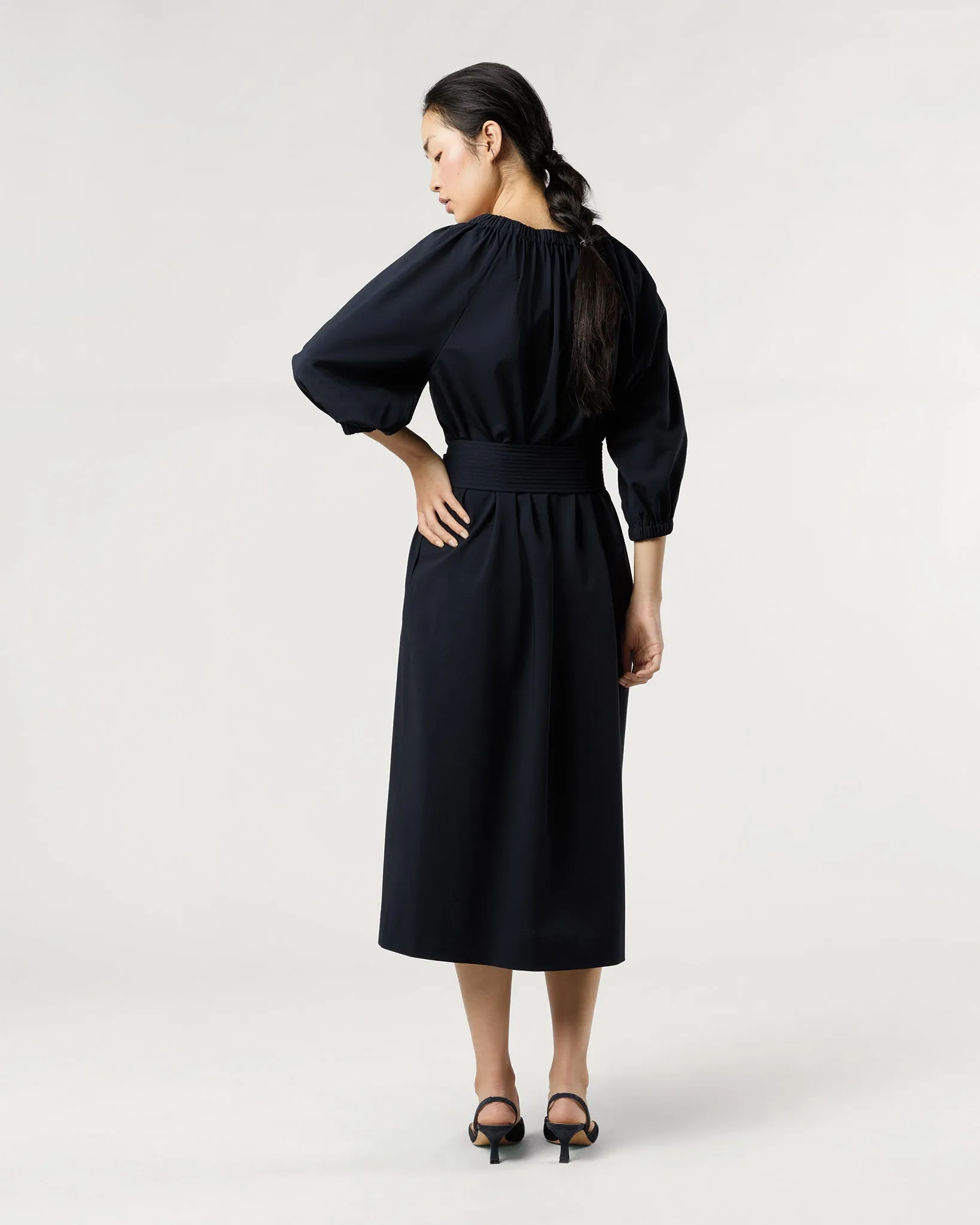 Arabella Blouson Dress in Navy Bi-Stretch Tropical Wool sold by Mashburn product image thumbnail 3