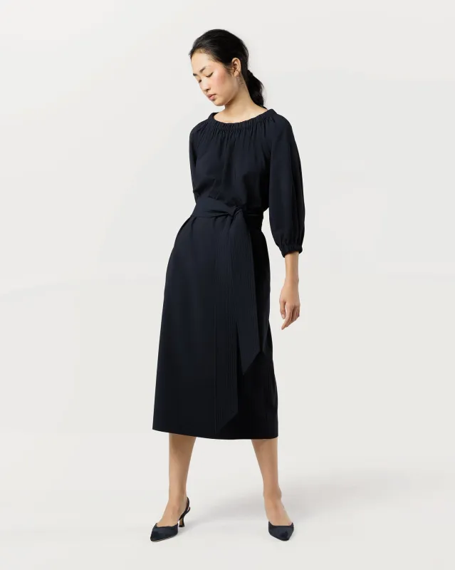 Arabella Blouson Dress in Navy Bi-Stretch Tropical Wool sold by Mashburn