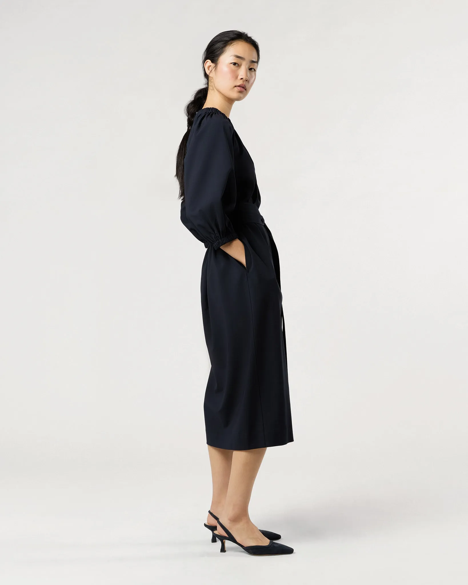 Arabella Blouson Dress in Navy Bi-Stretch Tropical Wool sold by Mashburn product image thumbnail 4