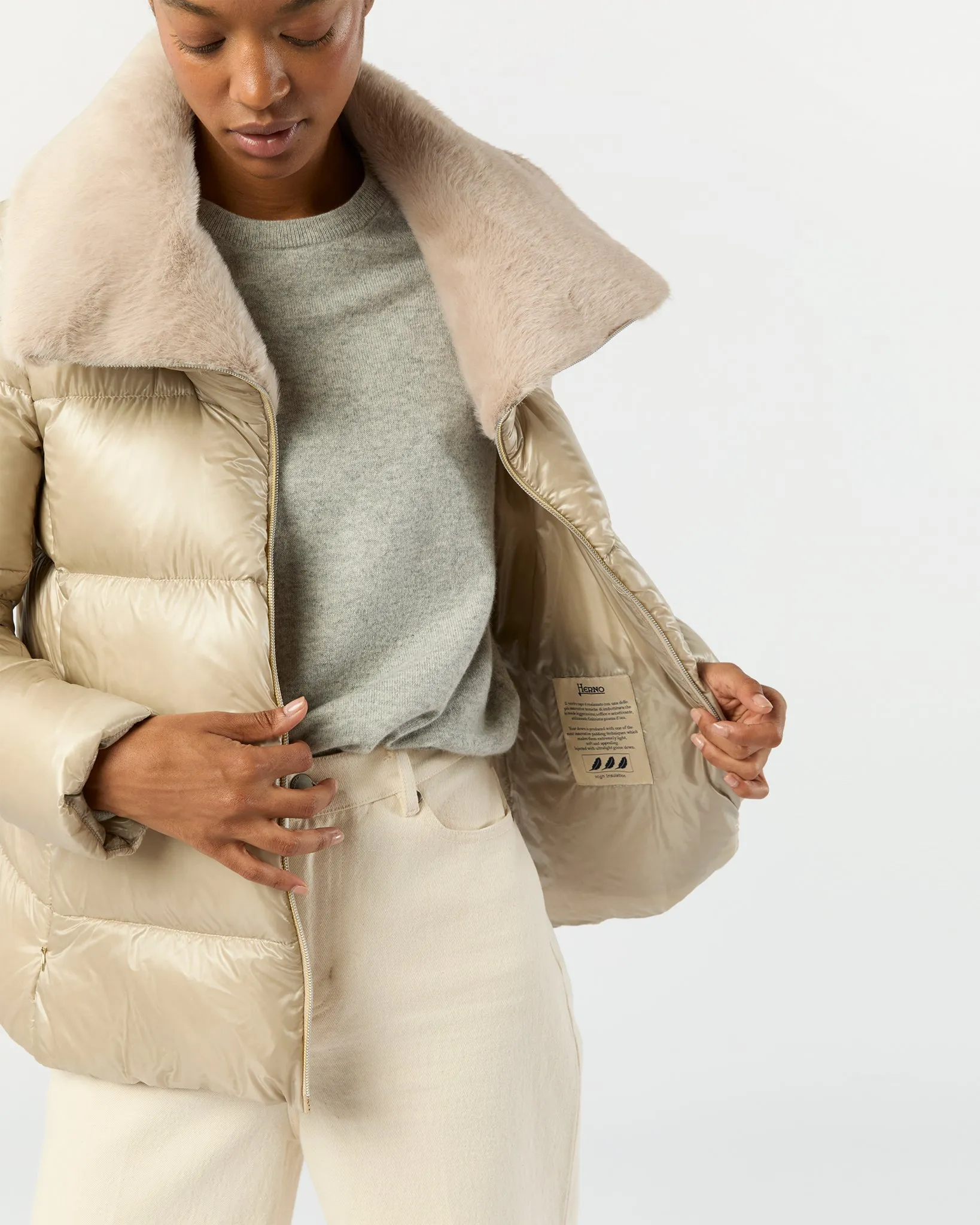 Shiny Nylon Short Jacket with Faux Fur in Champagne sold by Mashburn product image thumbnail 3