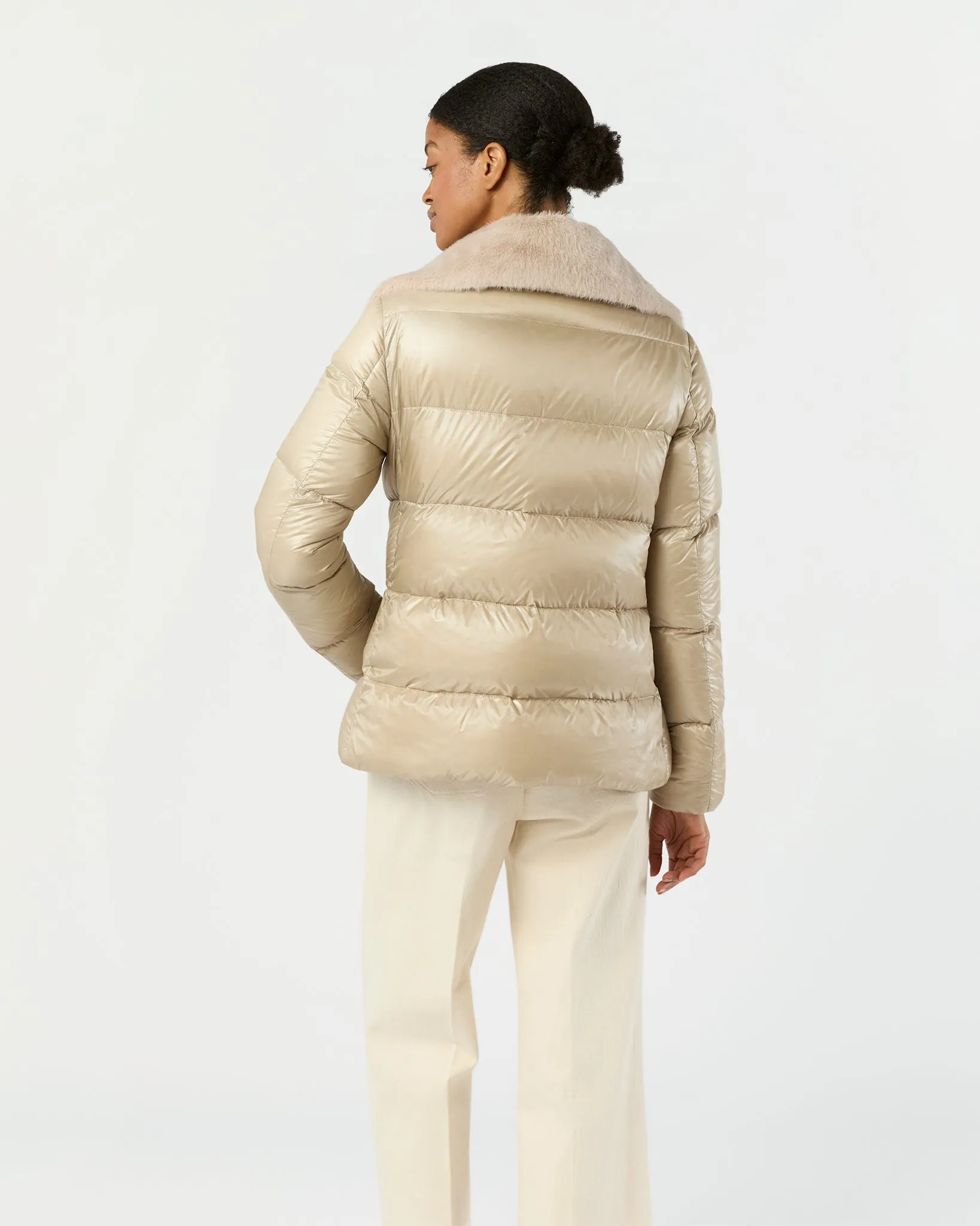 Shiny Nylon Short Jacket with Faux Fur in Champagne sold by Mashburn product image thumbnail 5