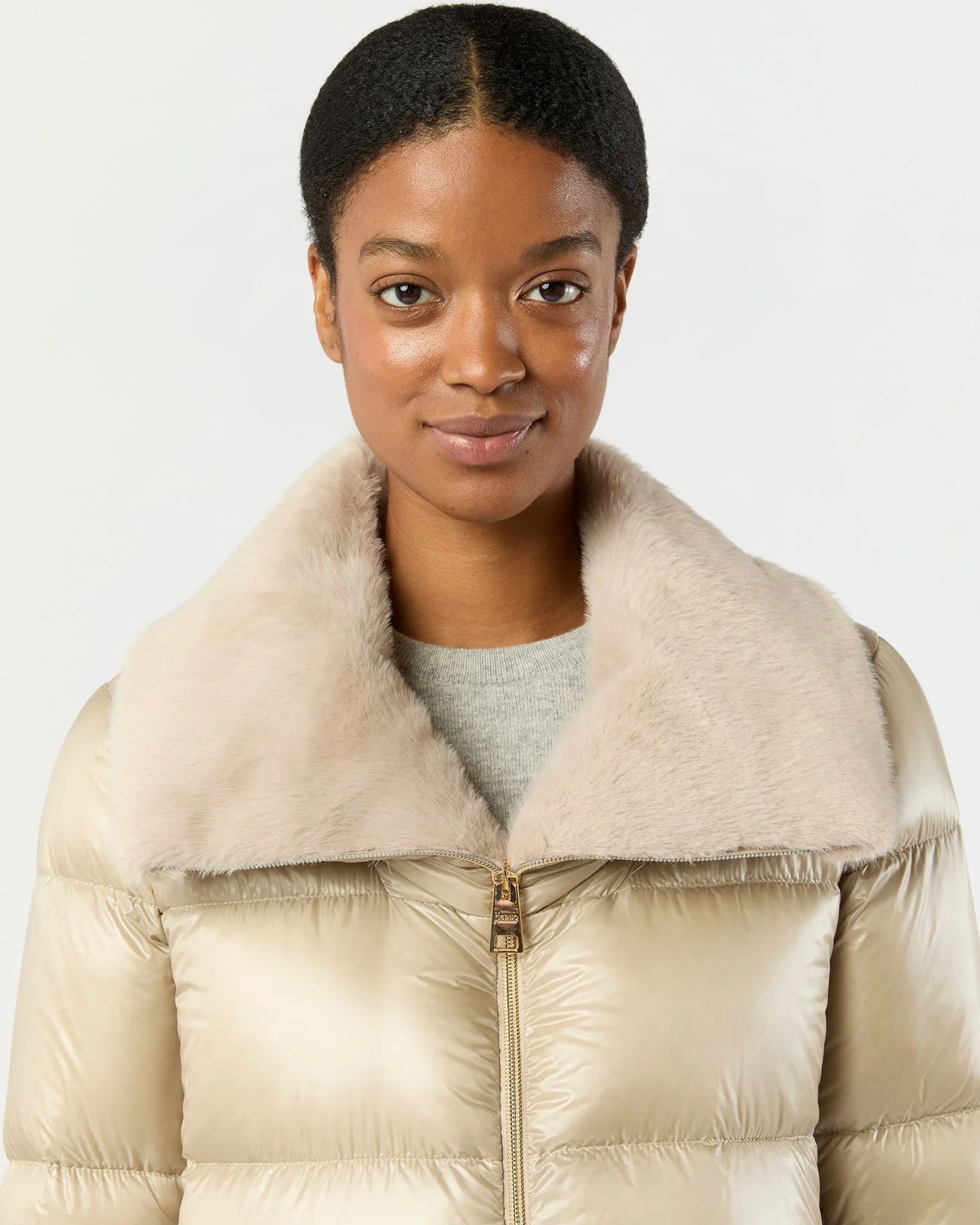 Shiny Nylon Short Jacket with Faux Fur in Champagne sold by Mashburn product image thumbnail 2