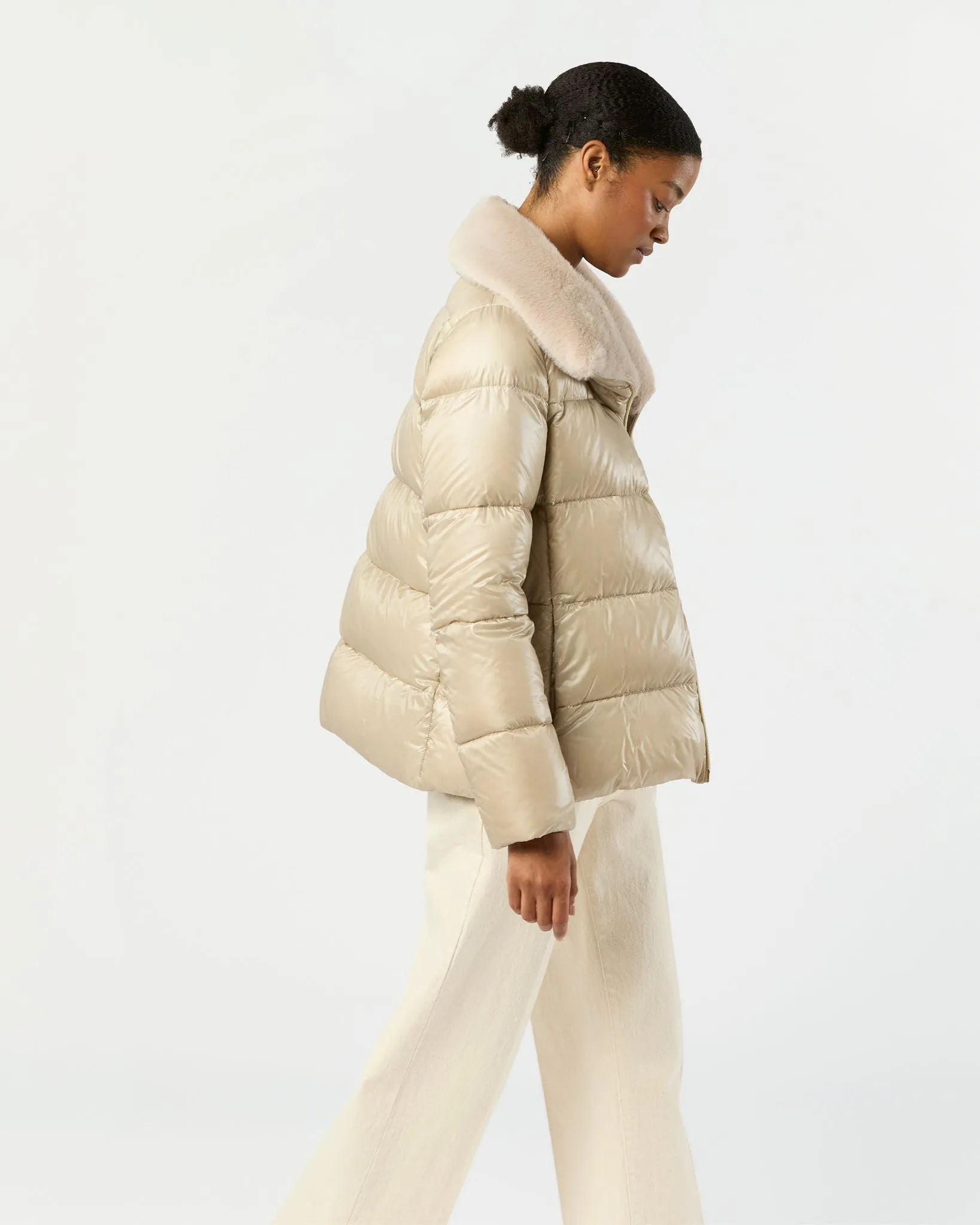 Shiny Nylon Short Jacket with Faux Fur in Champagne sold by Mashburn product image thumbnail 4