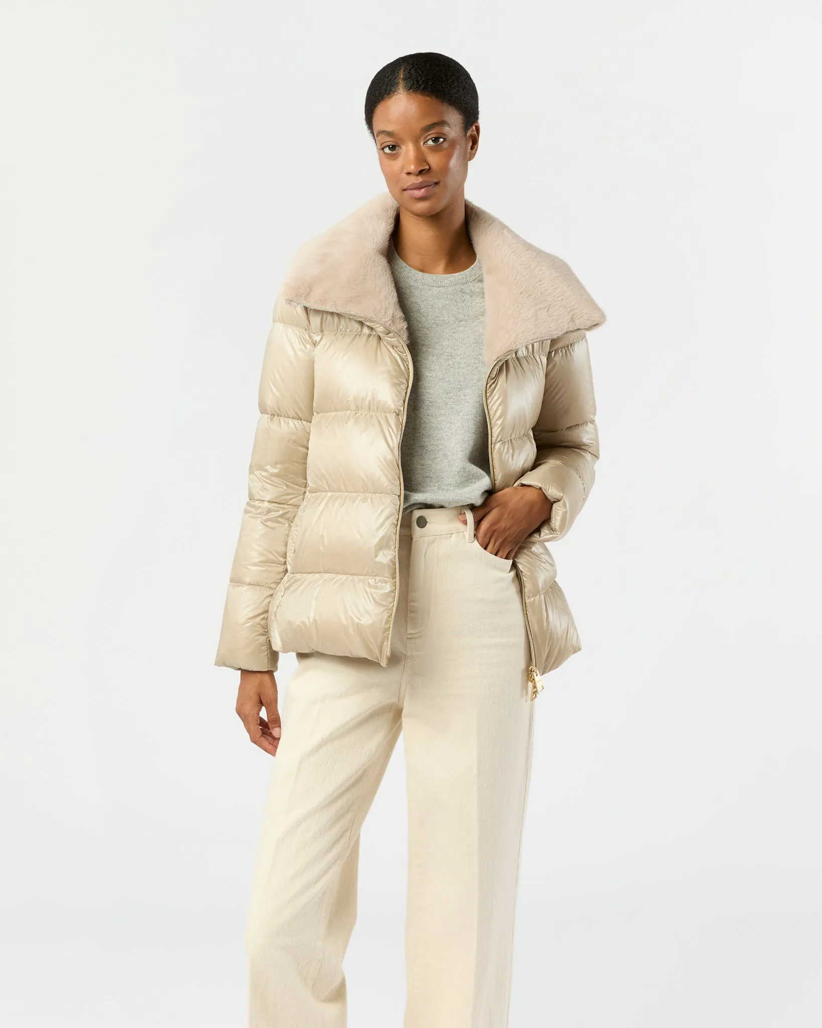Shiny Nylon Short Jacket with Faux Fur in Champagne sold by Mashburn