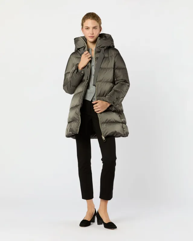Sateen Nylon A-Line Hooded Coat in Charcoal sold by Mashburn