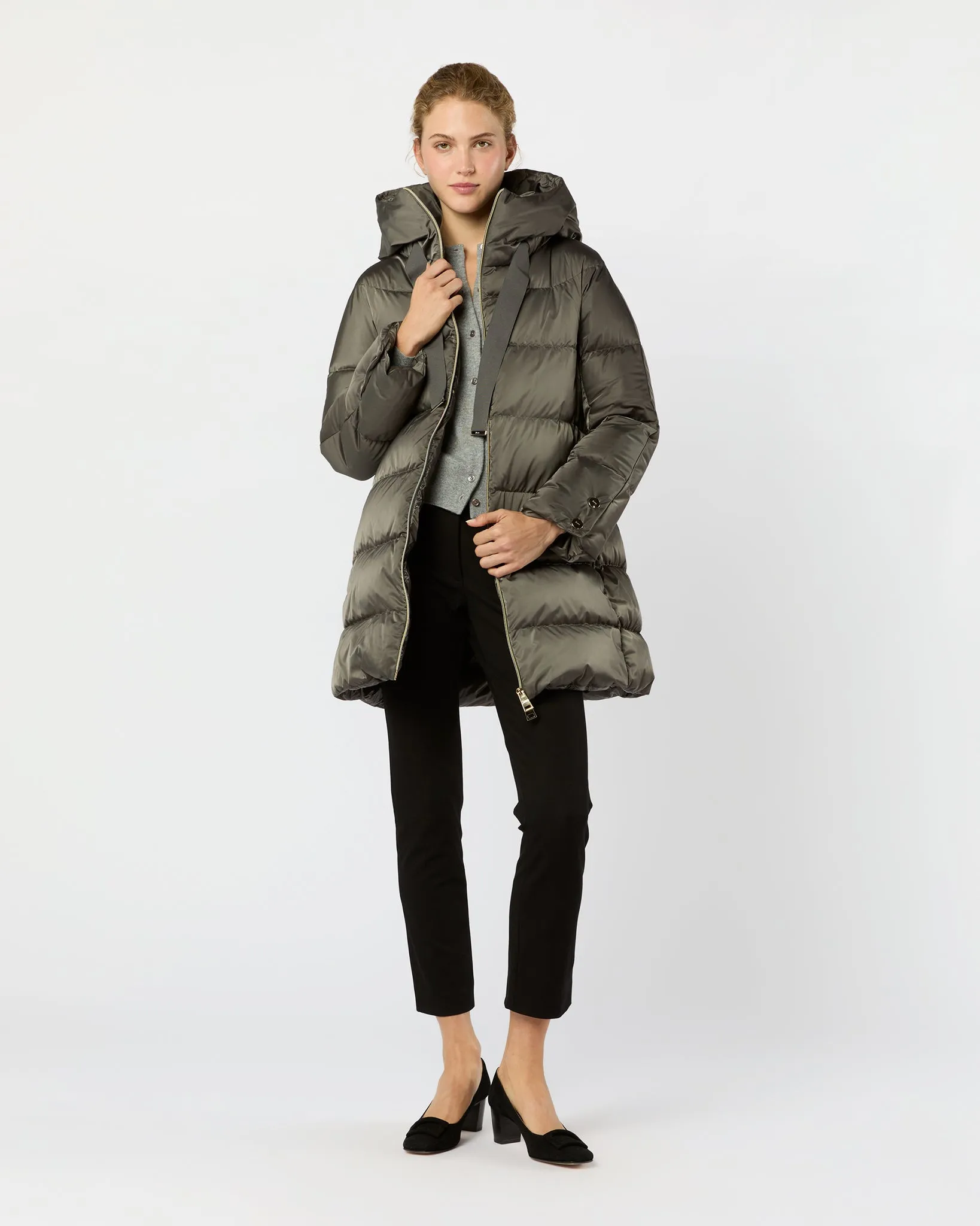 Sateen Nylon A-Line Hooded Coat in Charcoal sold by Mashburn