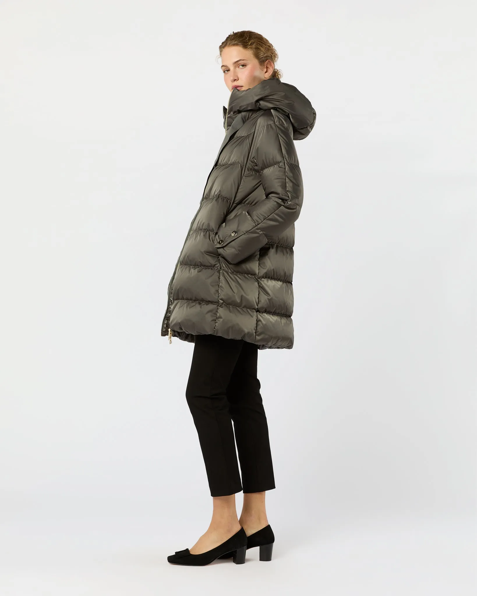Sateen Nylon A-Line Hooded Coat in Charcoal sold by Mashburn product image thumbnail 5