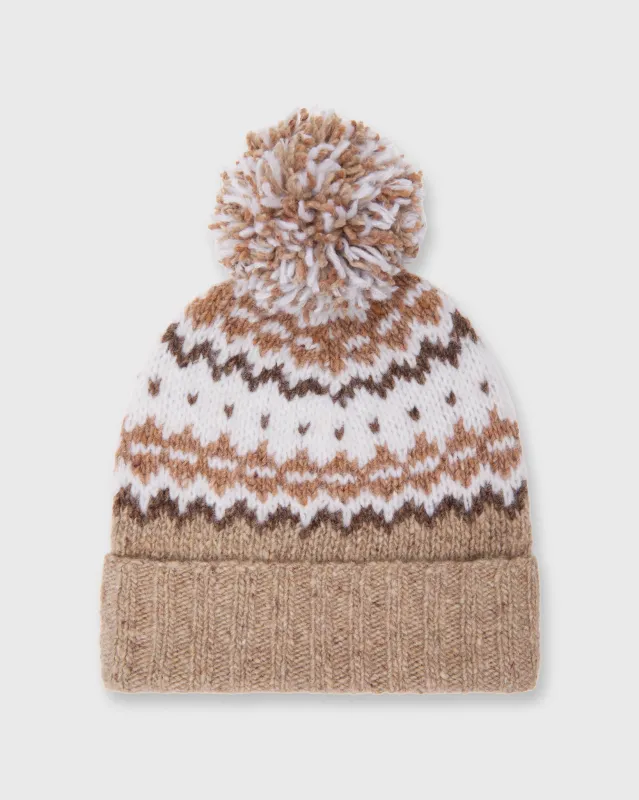 Fair Isle Pom-Pom Beanie in Camel Donegal Multi Cashmere sold by Mashburn