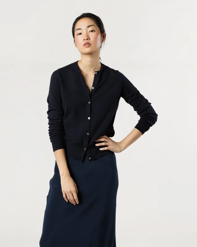 Rosie Cardigan in Deep Navy Cotton/Silk Yarn sold by Mashburn