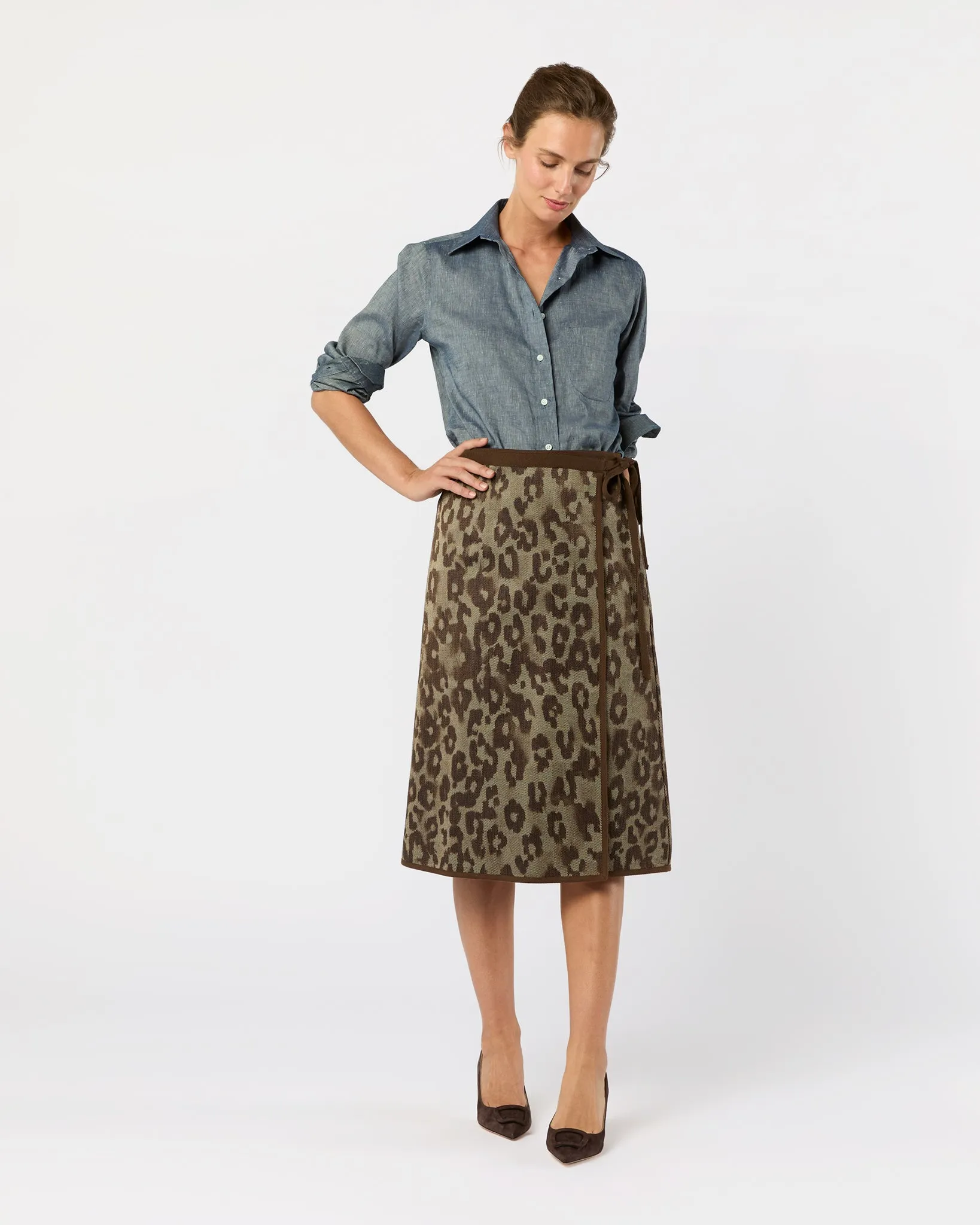 Adley Wrap Skirt in Leopard Cavalry Twill Jacquard sold by Mashburn