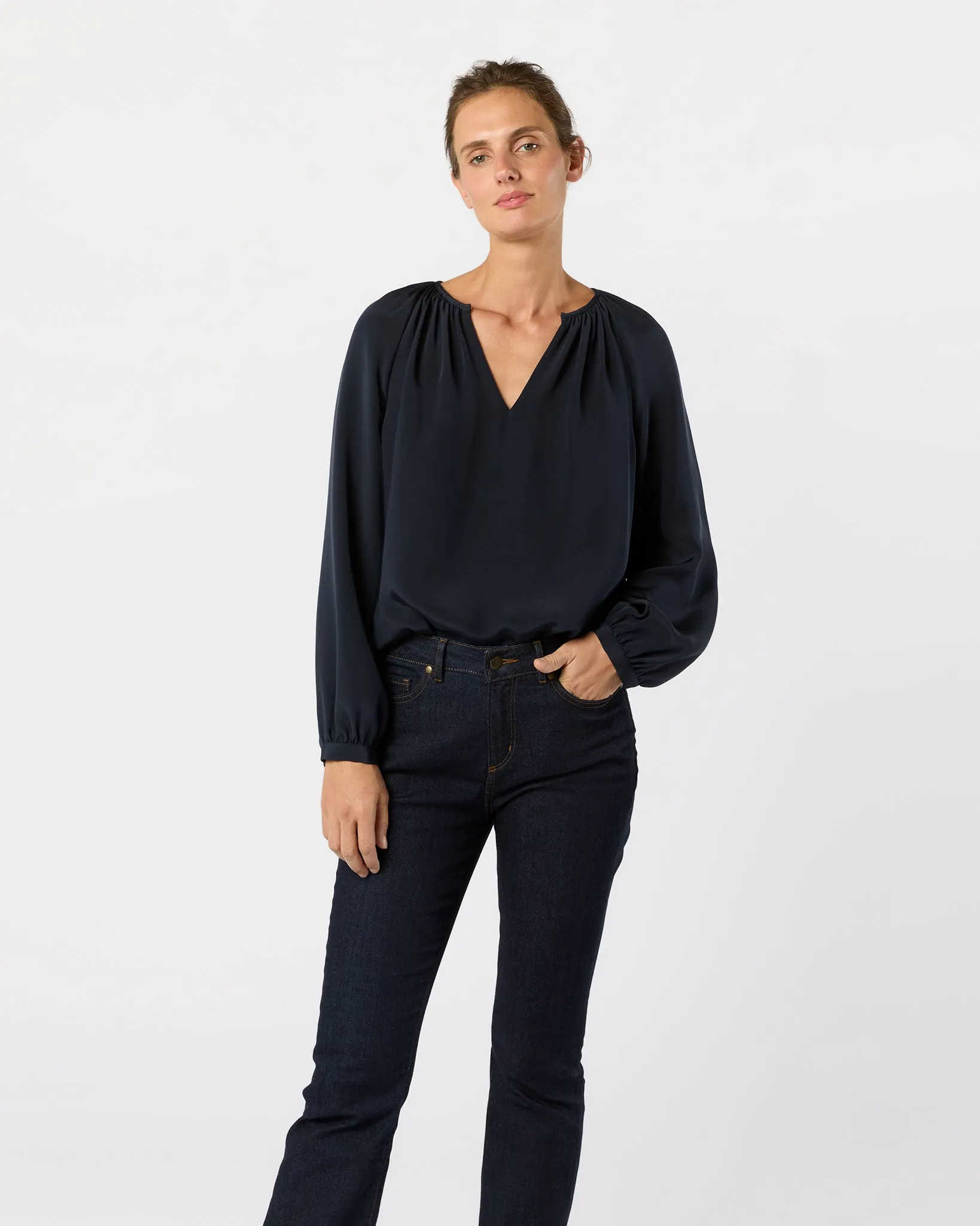 Ariana Blouse in Navy Silk Crepe de Chine sold by Mashburn