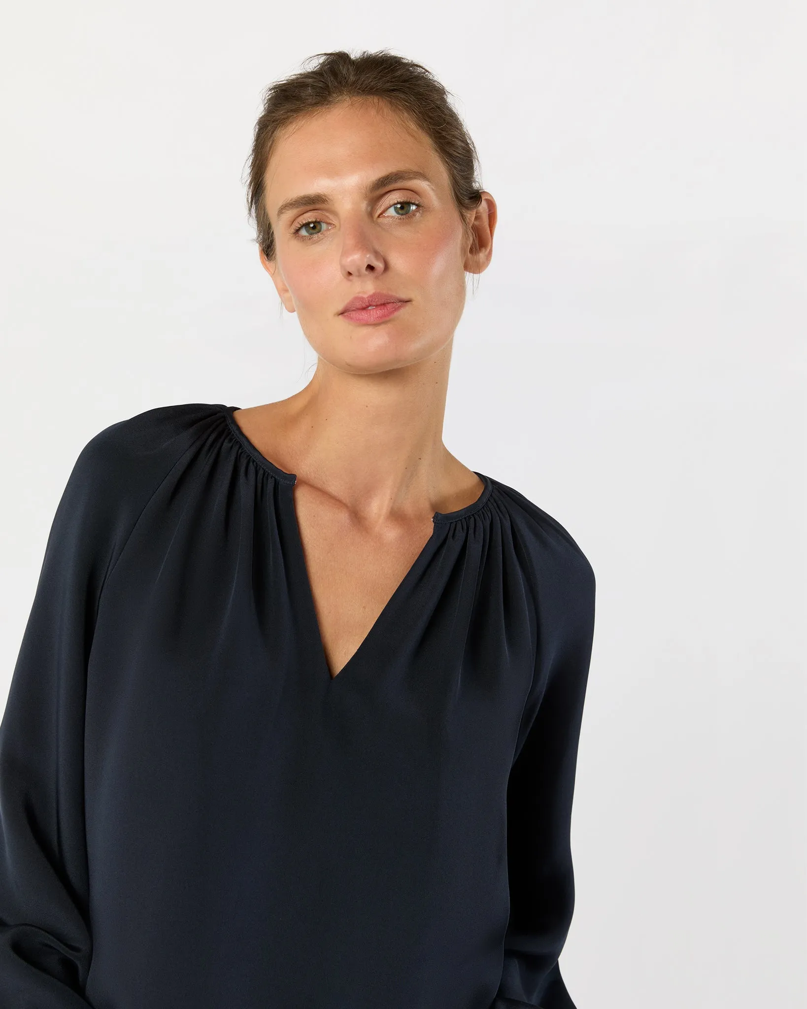 Ariana Blouse in Navy Silk Crepe de Chine sold by Mashburn product image thumbnail 3
