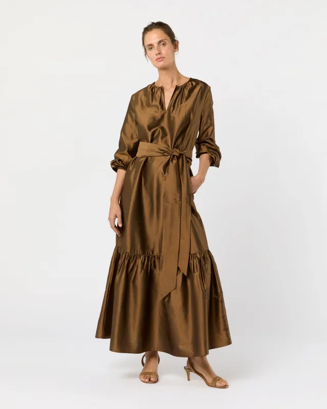 Aba Maxi Dress in Copper Washed Silk Shantung sold by Mashburn