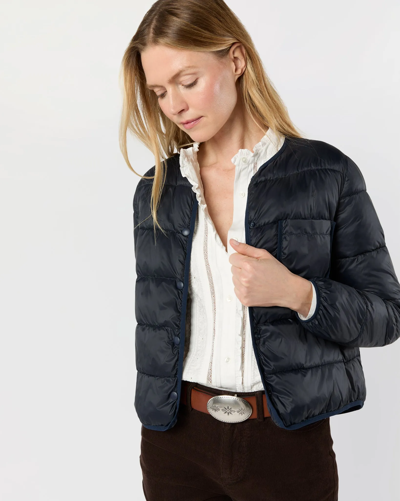 Minnie Cashball Puffer Jacket in Navy Nylon sold by Mashburn
